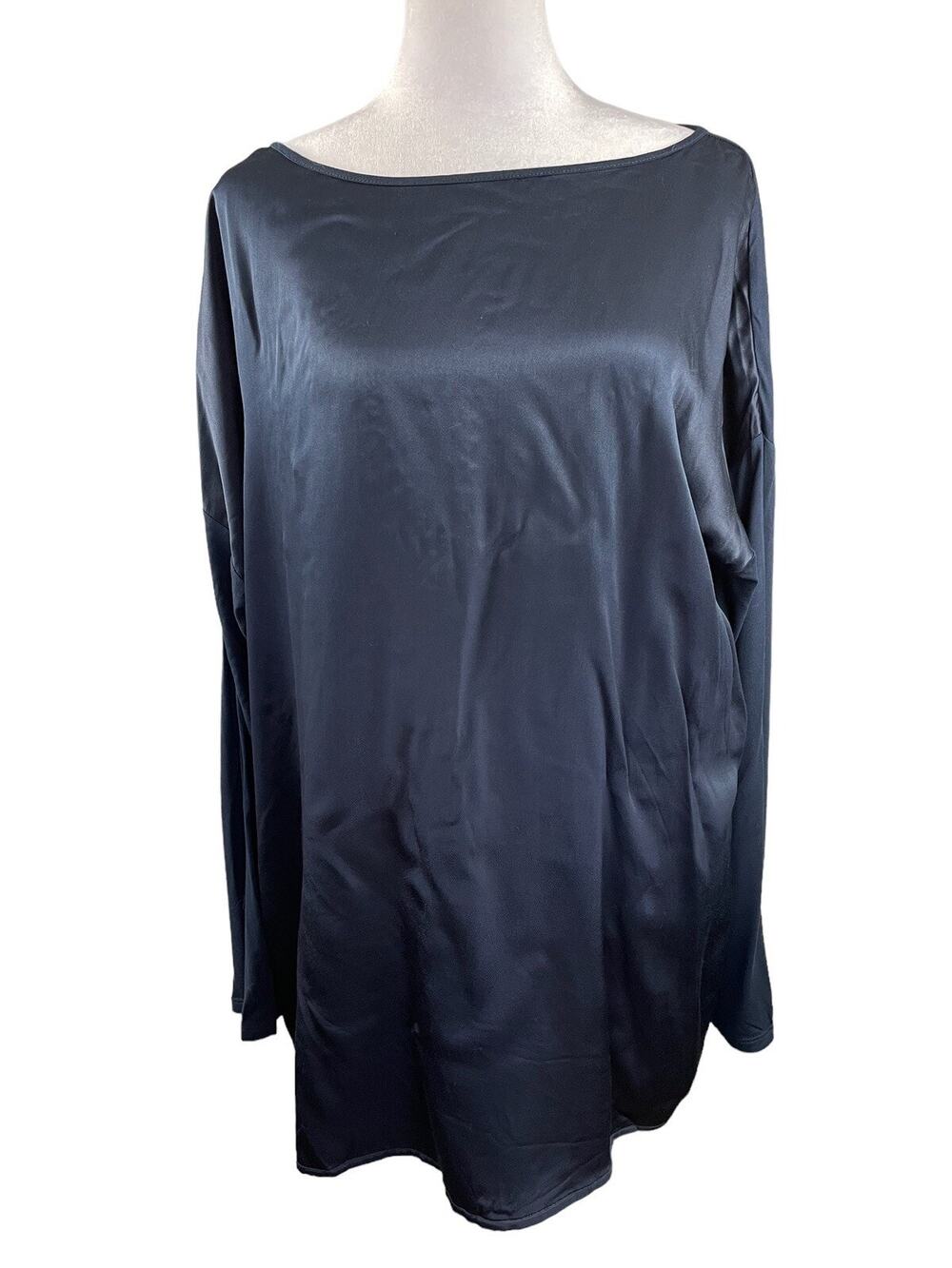J Jill Size L Tunic Navy Satin Front Knit Back Long Sleeve Shirt Top Blouse